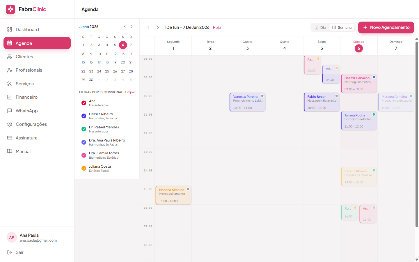 Agenda do FabraClinic com a visão semanal e atendimentos por profissional