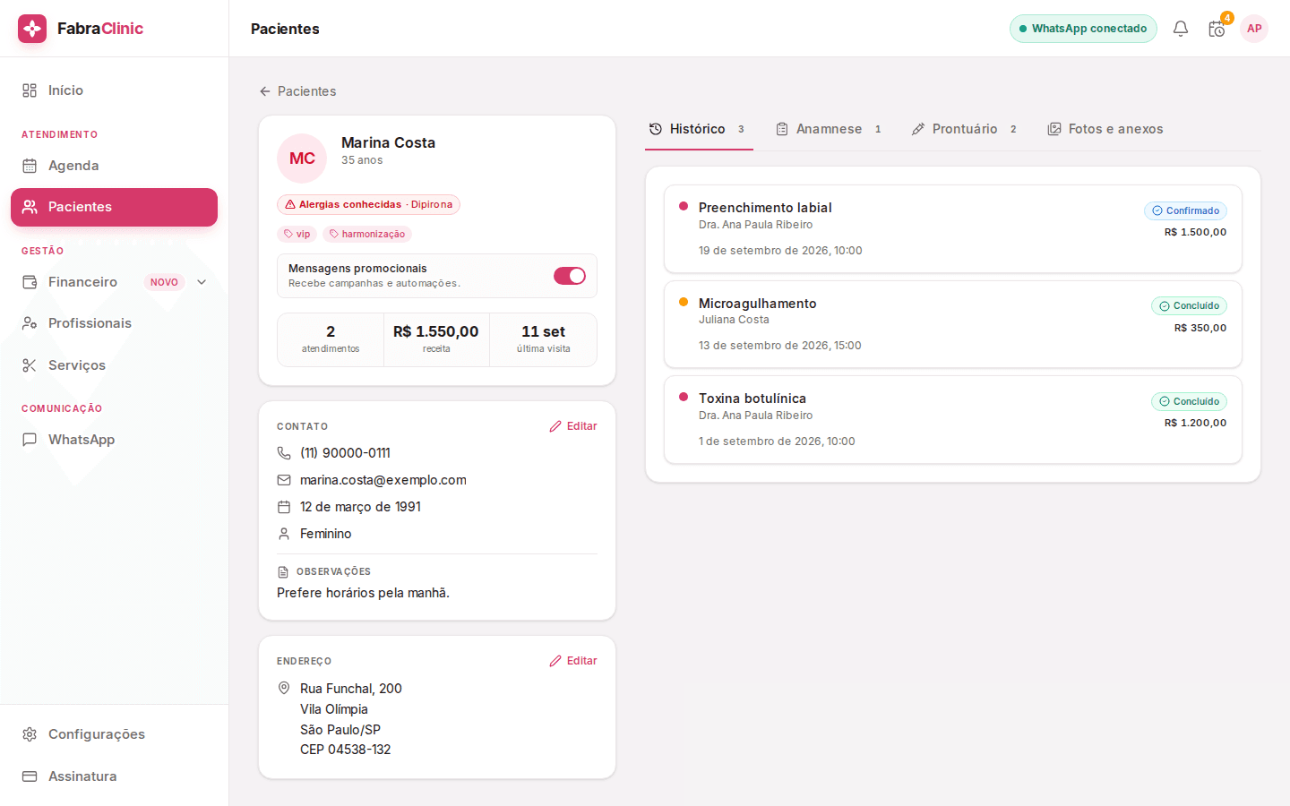Ficha do paciente no FabraClinic com histórico de atendimentos usado para fidelizar e marcar retornos