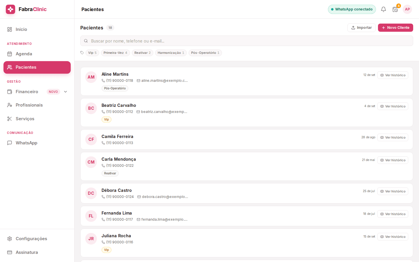 Lista de pacientes do FabraClinic com cadastro, contato e tags de segmentação
