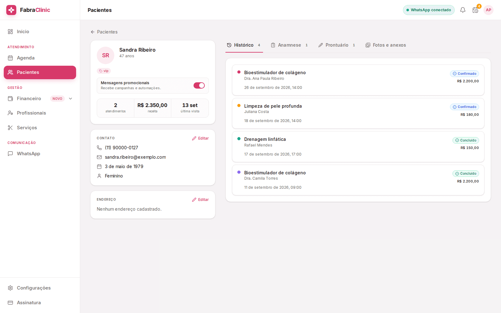 Histórico de atendimentos do FabraClinic com profissional, status e valor de cada sessão