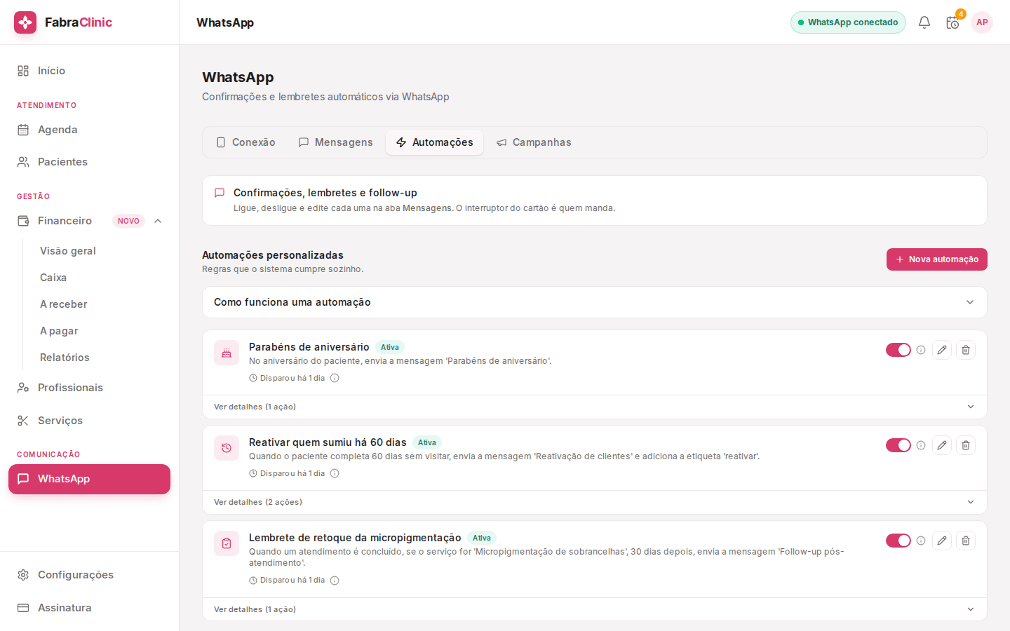 Tela de automações de WhatsApp do FabraClinic com as réguas de confirmação, lembrete e reativação