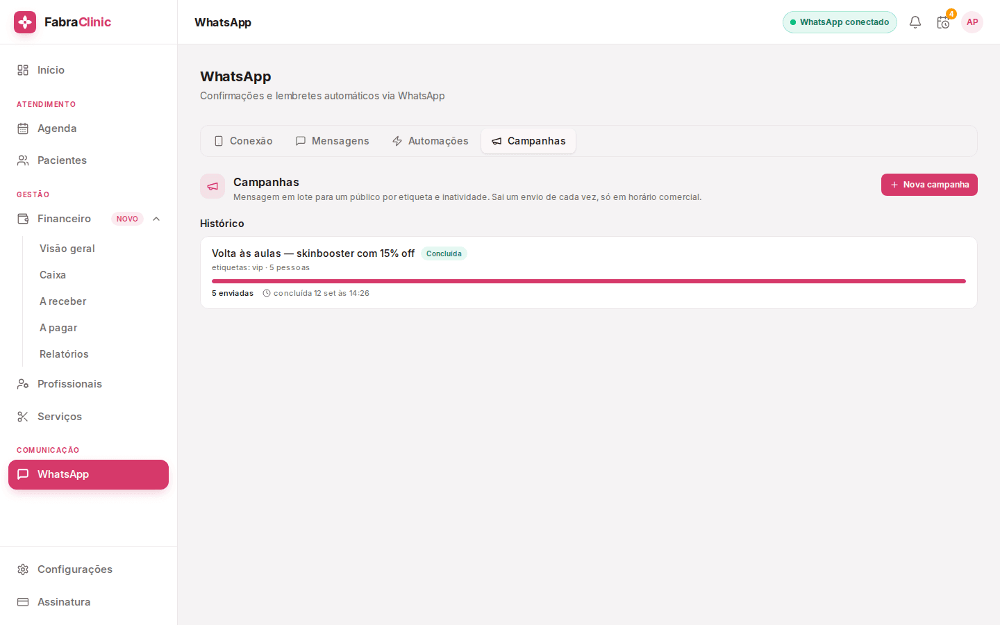 Campanhas de WhatsApp do FabraClinic para reativar pacientes que pararam de marcar