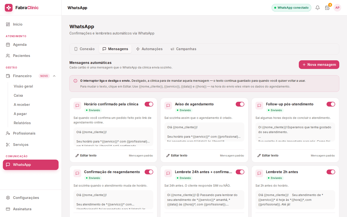 Modelos de mensagem de WhatsApp do FabraClinic para confirmação e lembrete de consulta