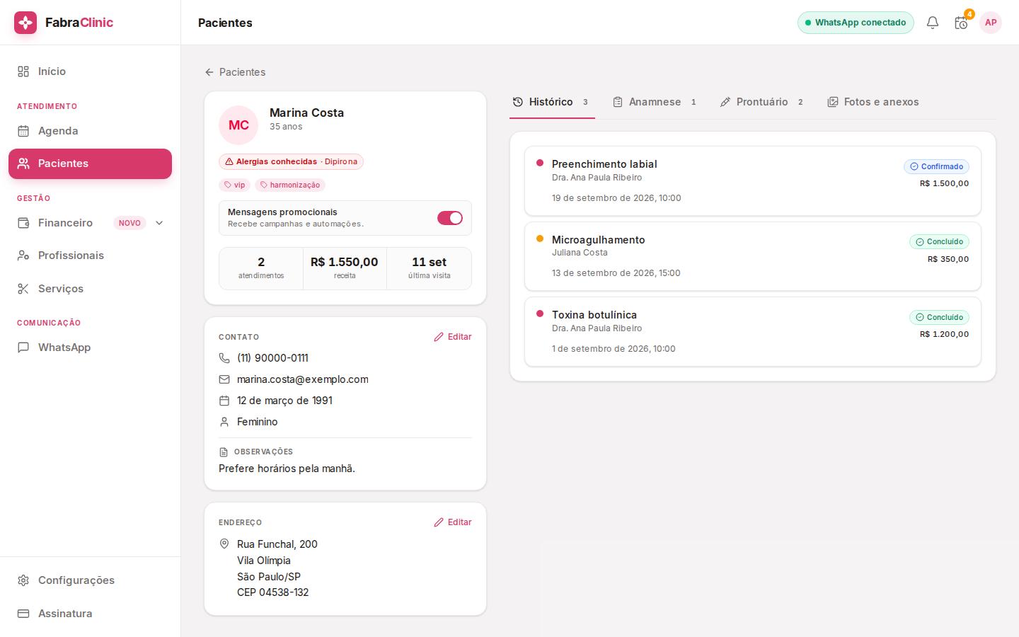 Perfil do paciente no FabraClinic com histórico, anamnese e prontuário