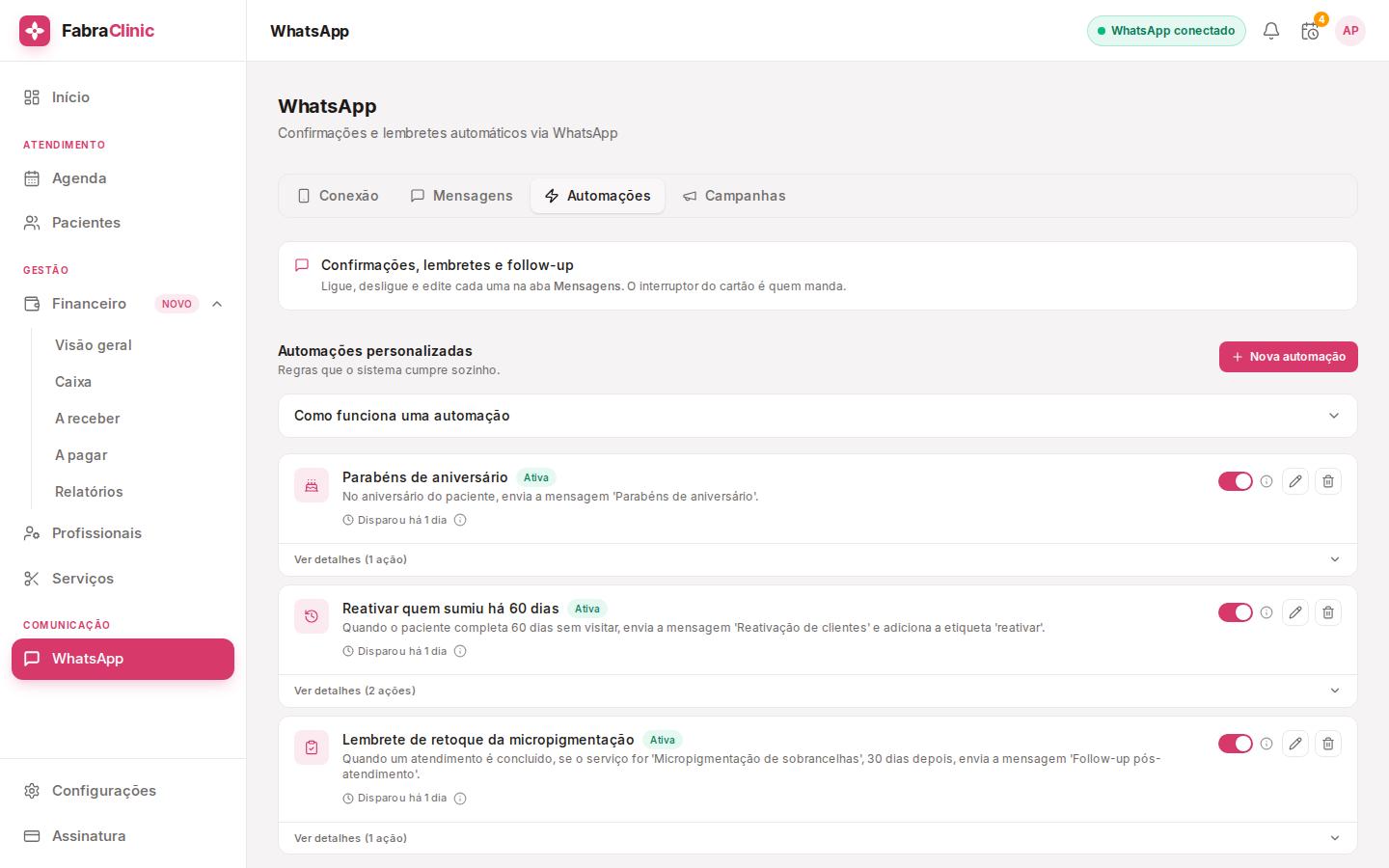 Automações de confirmação e lembrete pelo WhatsApp no FabraClinic