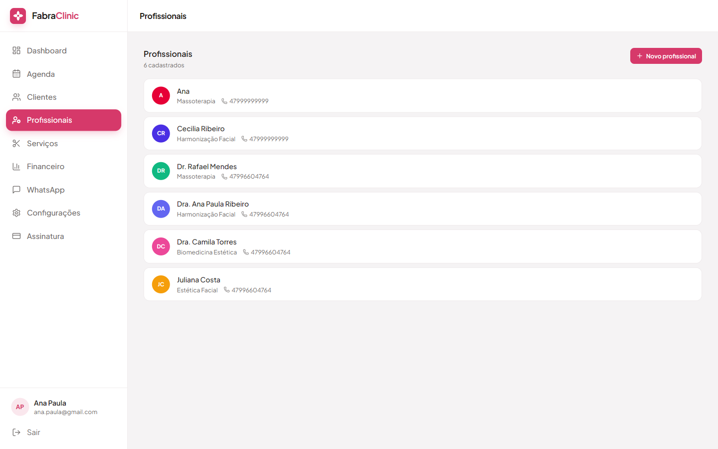 Lista de profissionais