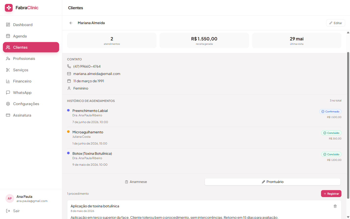 Prontuário — nota de procedimento