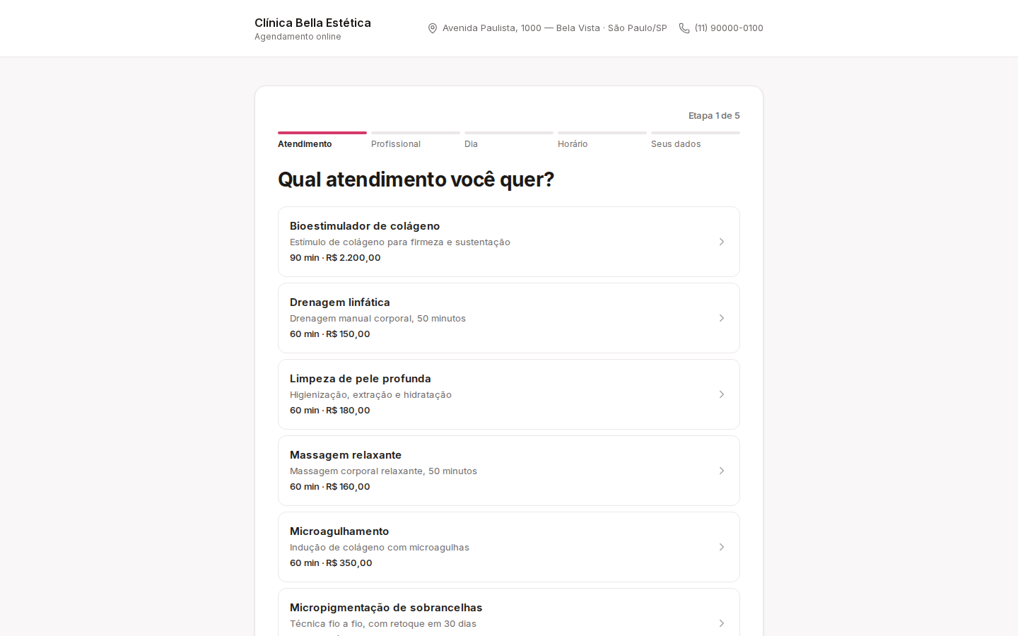 Página pública de agendamento online