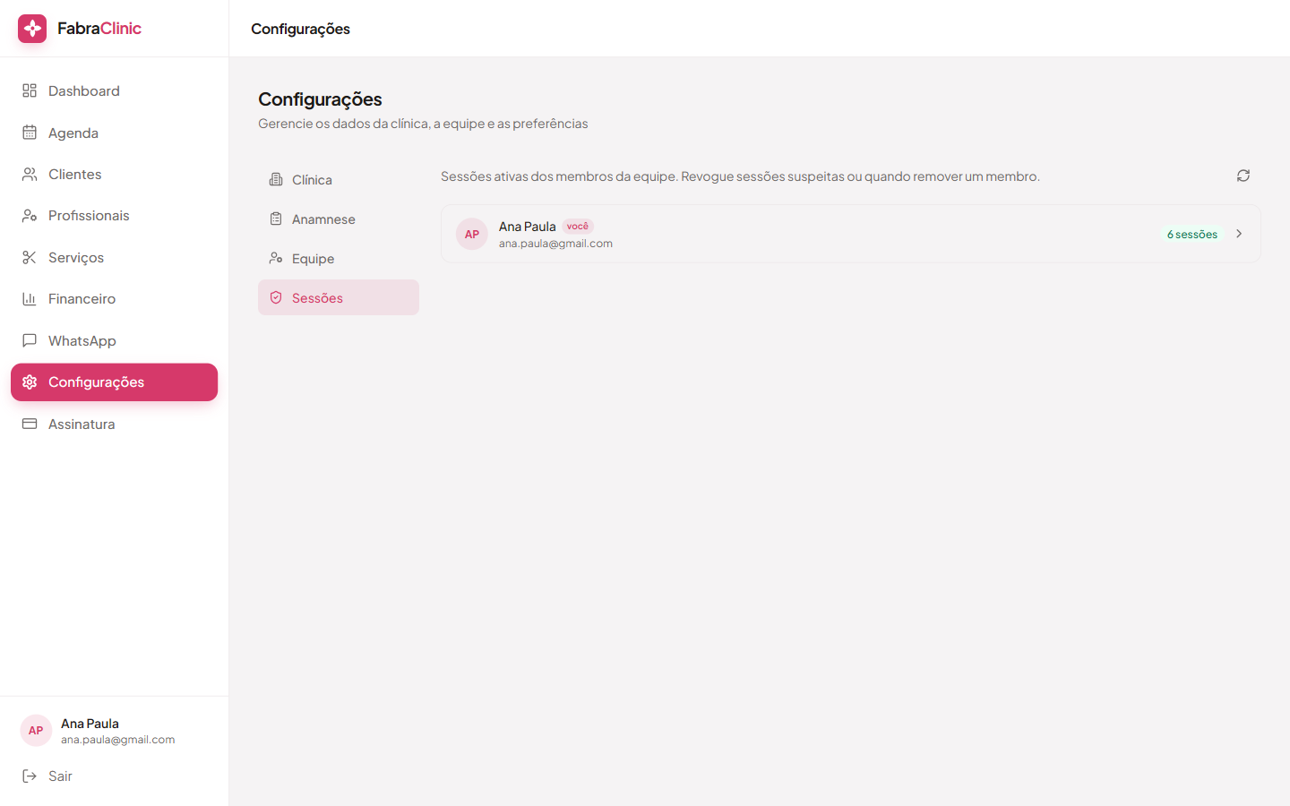 Configurações — Sessões