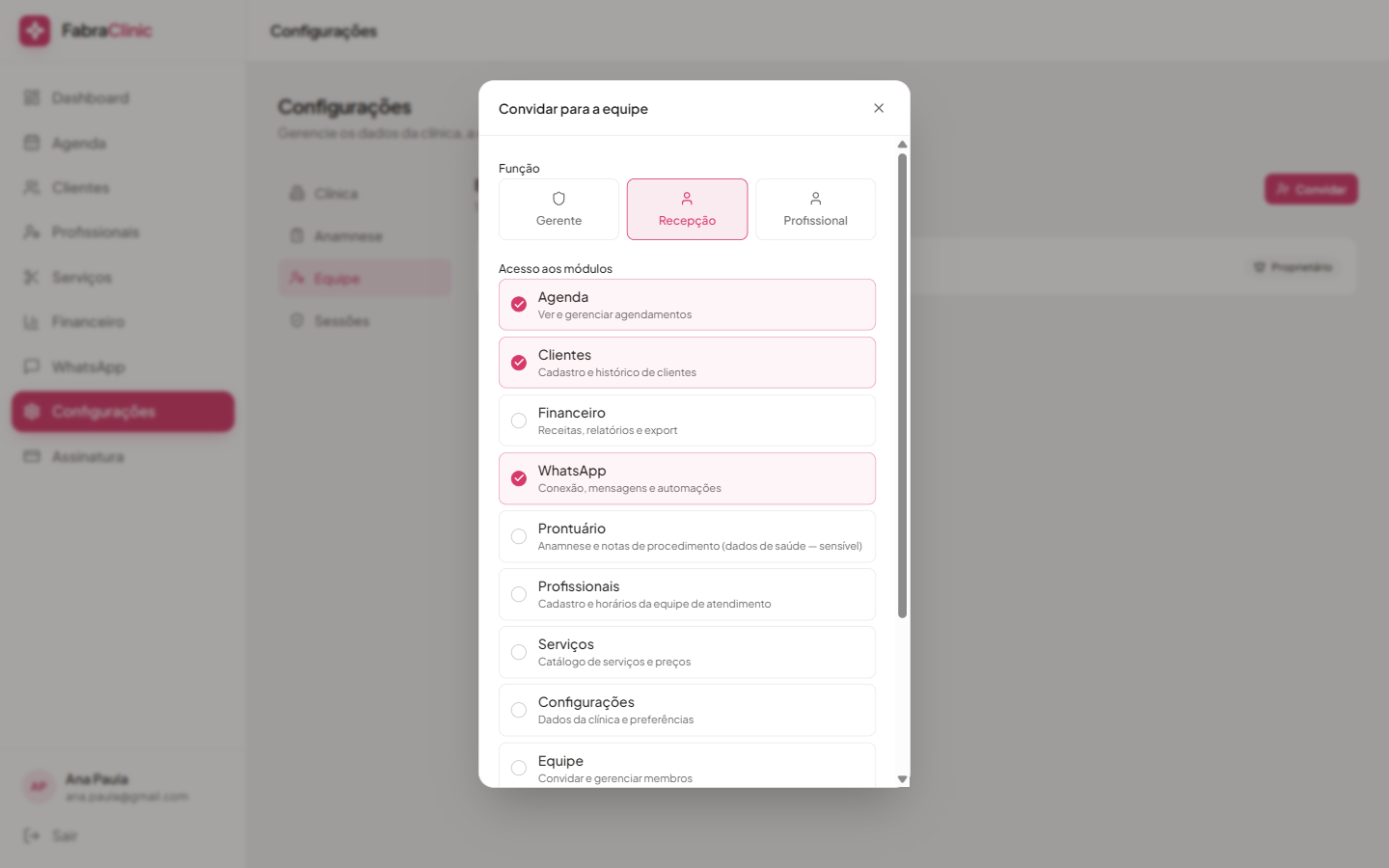 Convite com editor de permissões