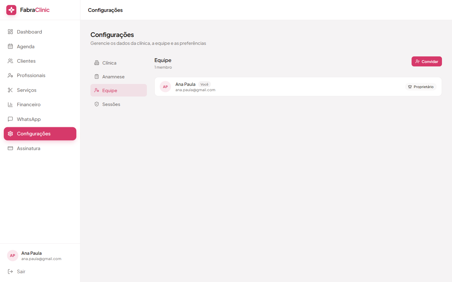 Configurações — Equipe